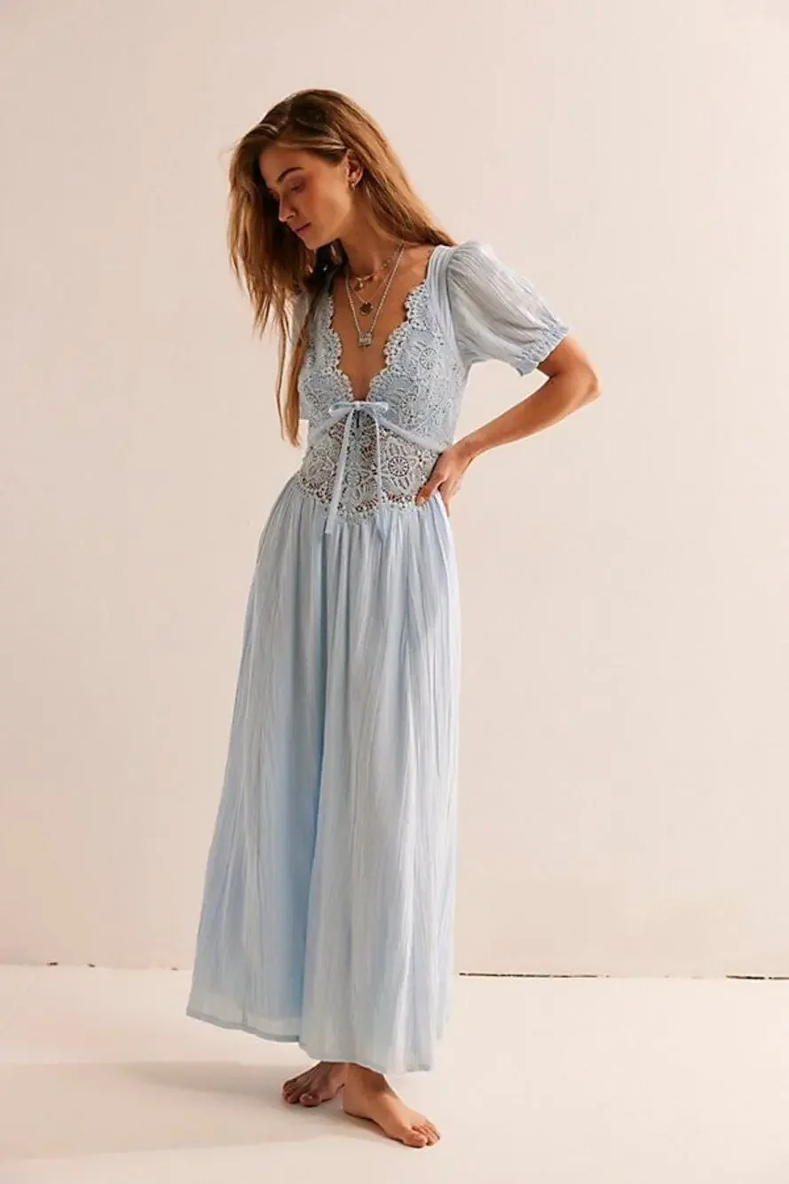 Free People All You Need Is Lace Midi Dress Blue Lace Cottagecore Size Small
